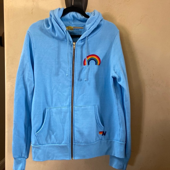 Tops - NWT Sz L Aviator Nation Sky Blue Zip Front Hoodie w/Rainbow Embroidery RARE